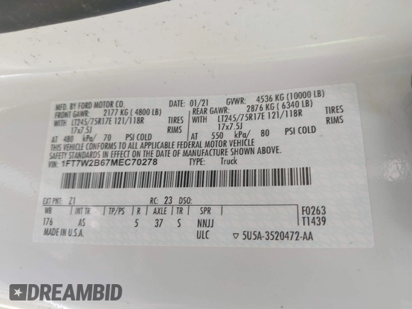 2021 Ford F-250 XL z VIN 1FT7W2B67MEC70278, wystawiony jako IAAI lot #42451726 z przebiegiem Nie podano mil oraz . Historia ofert i sprzedaży dostępna na DreamBid. Obrazek 9.