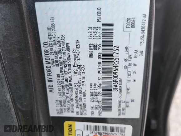 2017 Ford Fusion Titanium z VIN 3FA6P0D96HR251752, wystawiony jako Copart lot #61568705 z przebiegiem 173 479 mil mil oraz Nie do naprawy • Non repairable. Historia ofert i sprzedaży dostępna na DreamBid. Obrazek 13.