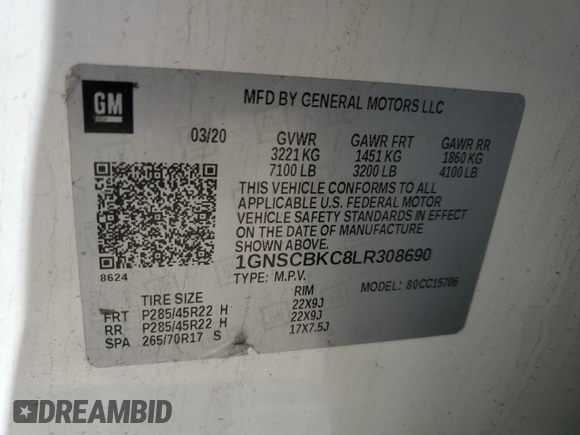 2020 Chevrolet Tahoe LT с VIN 1GNSCBKC8LR308690, выставлен на аукционе Copart как лот 49348265 с пробегом 128 203 миль миль и Списание • Salvage title. История ставок и продаж доступна на DreamBid. Изображение 12.