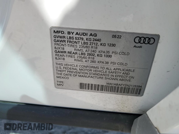 2022 Audi Q5 Premium with VIN WA1ABAFY2N2125394, listed as a Copart auction lot 68739404 with 10,558 mi miles and Salvage title. Bid and sale history available at DreamBid. Image 13.