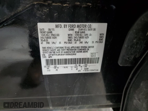 2015 Ford Edge Titanium with VIN 2FMTK4K85FBB92262, listed as a Copart auction lot 46539905 with 110,973 mi miles and Salvage Title. Bid and sale history available at carsss.com. Image 14.
