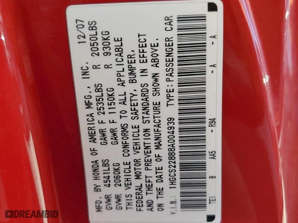 2008 Honda Accord Cpe EX-L with VIN 1HGCS22888A004939, listed as a Copart auction lot 52639315 with 162,951 mi miles and Clean Title. Bid and sale history available at carsss.com. Image 12.