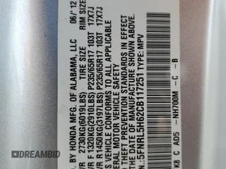 2012 Honda Odyssey EX-L with VIN 5FNRL5H62CB117251, listed as a Copart auction lot 44238135 with 74,295 mi miles and Salvage Title. Bid and sale history available at carsss.com. Image 13.