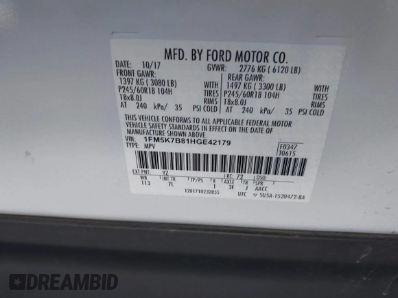 2017 Ford Explorer with VIN 1FM5K7B81HGE42179, listed as a IAAI auction lot 42355475 with 120,707 mi miles and . Bid and sale history available at DreamBid. Image 9.