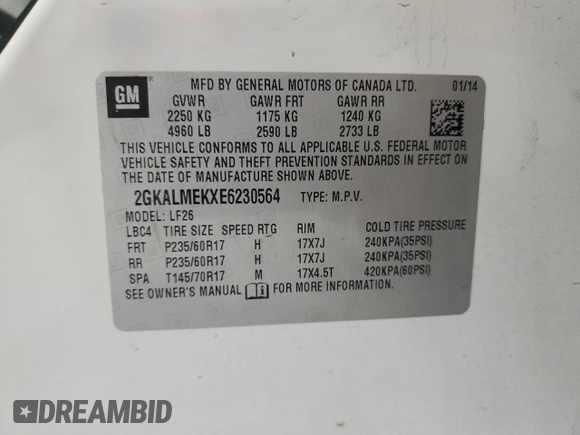 2014 GMC Terrain SLE with VIN 2GKALMEKXE6230564, listed as a Copart auction lot 53189935 with 146,220 mi miles and Clean Title. Bid and sale history available at DreamBid. Image 13.