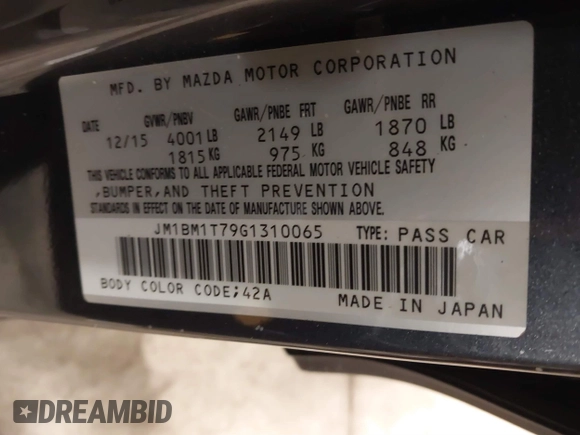 2016 Mazda 3 i Sport with VIN JM1BM1T79G1310065, listed as a IAAI auction lot 41347944 with 83,894 mi miles and . Bid and sale history available at DreamBid. Image 9.