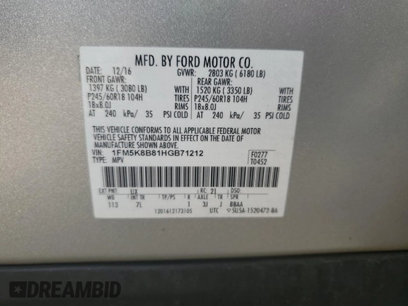 2017 Ford Explorer with VIN 1FM5K8B81HGB71212, listed as a Copart auction lot 62188665 with 78,963 mi miles and Clean title. Bid and sale history available at DreamBid. Image 12.