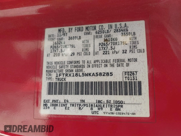1998 Ford F-150 with VIN 1FTRX18L5WKA58285, listed as a IAAI auction lot 41855042 with 260,290 mi miles and . Bid and sale history available at DreamBid. Image 9.