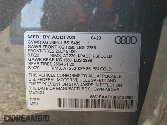 2023 Audi Q5 S line Premium Plus z VIN WA1EAAFY6P2136552, wystawiony jako Copart lot #49588345 z przebiegiem 48 874 mil mil oraz Szkoda całkowita • Salvage title. Historia ofert i sprzedaży dostępna na DreamBid. Obrazek 15.