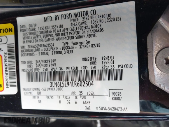 2020 Lincoln MKZ Reserve с VIN 3LN6L5E94LR602504, выставлен на аукционе IAAI как лот 42325386 с пробегом 49 812 миль миль и . История ставок и продаж доступна на DreamBid. Изображение 9.