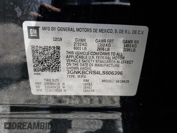2020 Chevrolet Blazer LT with VIN 3GNKBCRS4LS606396, listed as a Copart auction lot 50106225 with 45,299 mi miles and Salvage title. Bid and sale history available at DreamBid. Image 13.