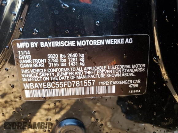 2015 BMW 7 Series 750Li with VIN WBAYE8C55FD781557, listed as a Copart auction lot 83984014 with 138,772 mi miles and Salvage Title. Bid and sale history available at carsss.com. Image 13.