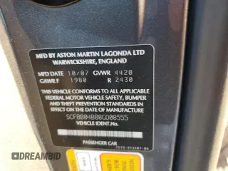 2008 Aston Martin Vantage z VIN SCFBB04B88GD08555, wystawiony jako Copart lot #73878724 z przebiegiem Nie podano mil oraz Szkoda całkowita • Salvage title. Historia ofert i sprzedaży dostępna na DreamBid. Obrazek 13.