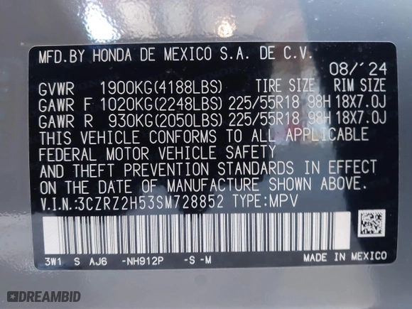 2025 Honda HR-V Sport with VIN 3CZRZ2H53SM728852, listed as a IAAI auction lot 41810477 with 1,234 mi miles. Bid and sale history available at carsss.com. Image 9.