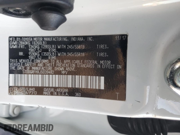 2018 Toyota Highlander Hybrid Limited with VIN 5TDDGRFHXJS039482, listed as a Copart auction lot 86835554 with Not provided miles and Salvage title. Bid and sale history available at DreamBid. Image 12.