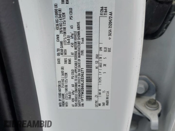 2020 Ford F-250 XL z VIN 1FT7W2B68LEE06271, wystawiony jako Copart lot #49083025 z przebiegiem 45 510 mil mil oraz Szkoda całkowita • Salvage title. Historia ofert i sprzedaży dostępna na DreamBid. Obrazek 13.