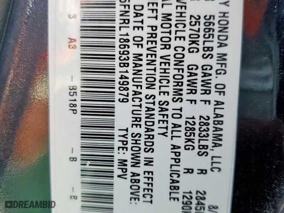 2003 Honda Odyssey EX with VIN 5FNRL18693B149879, listed as a Copart auction lot 50268475 with 246,835 mi miles and Salvage Title. Bid and sale history available at carsss.com. Image 14.