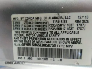 2014 Honda Odyssey EX-L with VIN 5FNRL5H65EB058750, listed as a IAAI auction lot 41853116 with 177,933 mi miles and . Bid and sale history available at carsss.com. Image 9.