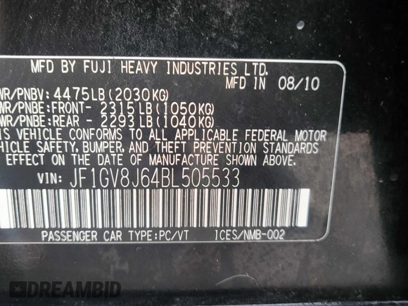 2011 Subaru WRX WRX STI с VIN JF1GV8J64BL505533, выставлен на аукционе Copart как лот 60679145 с пробегом 153 740 миль миль и Чистый • Clean title. История ставок и продаж доступна на DreamBid. Изображение 10.