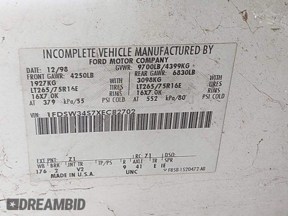 1999 Ford F-350 with VIN 1FDSW34S7XEC82702, listed as a IAAI auction lot 40346052 with 142,159 mi miles and . Bid and sale history available at DreamBid. Image 9.