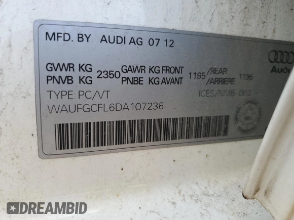 2013 Audi S4 Premium with VIN WAUFGCFL6DA107236, listed as a Copart auction lot 64252624 with 232,228 mi miles and Non Repairable. Bid and sale history available at carsss.com. Image 12.