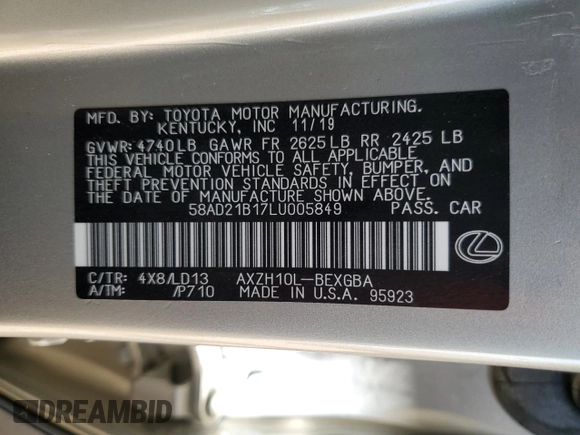 2020 Lexus ES 300h z VIN 58AD21B17LU005849, wystawiony jako Copart lot #63084095 z przebiegiem 30 738 mil mil oraz Szkoda całkowita • Salvage title. Historia ofert i sprzedaży dostępna na DreamBid. Obrazek 12.