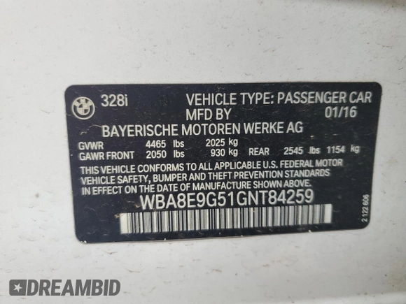 2016 BMW 3 Series 328i with VIN WBA8E9G51GNT84259, listed as a Copart auction lot 52501875 with 69,729 mi miles and Salvage title. Bid and sale history available at DreamBid. Image 14.