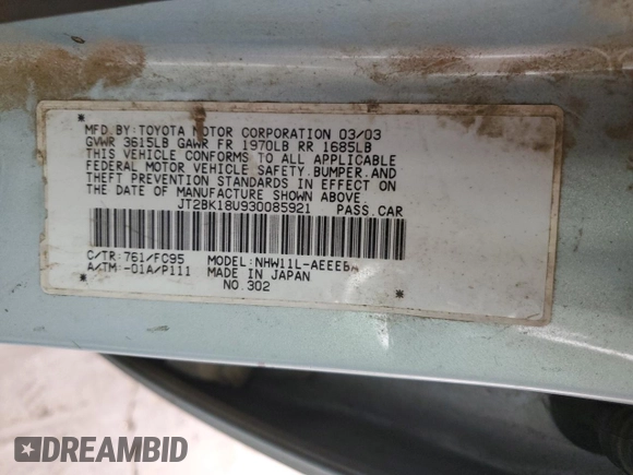 2003 Toyota Prius with VIN JT2BK18U930085921, listed as a Copart auction lot 82699814 with 0 mi miles and Salvage Title. Bid and sale history available at carsss.com. Image 12.