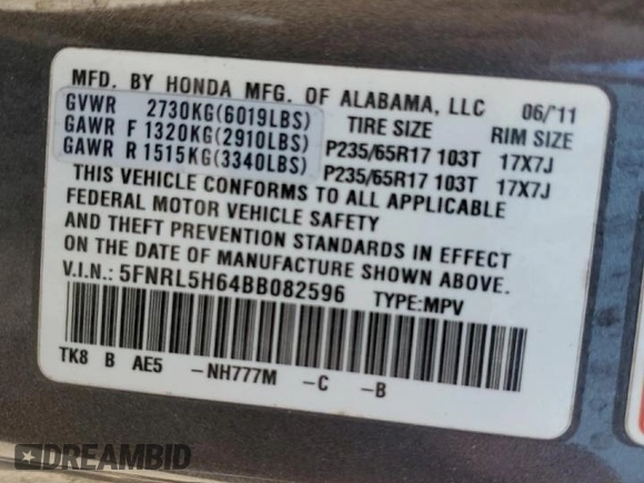 2011 Honda Odyssey EX-L with VIN 5FNRL5H64BB082596, listed as a Copart auction lot 51474935 with 184,408 mi miles and Salvage Title. Bid and sale history available at DreamBid. Image 13.