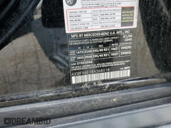 2008 Mercedes-Benz GL-Class 5.5L with VIN 4JGBF86E18A368018, listed as a Copart auction lot 61105824 with 105,721 mi miles and Salvage Title. Bid and sale history available at carsss.com. Image 13.