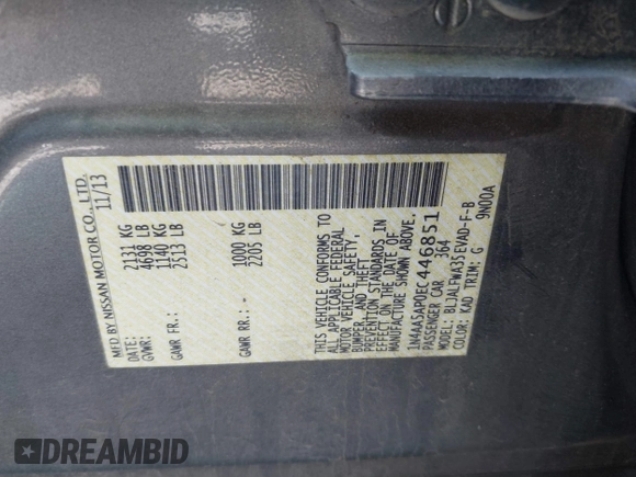 2014 Nissan Maxima S with VIN 1N4AA5AP0EC446851, listed as a IAAI auction lot 42016439 with 150,379 mi miles and . Bid and sale history available at DreamBid. Image 9.