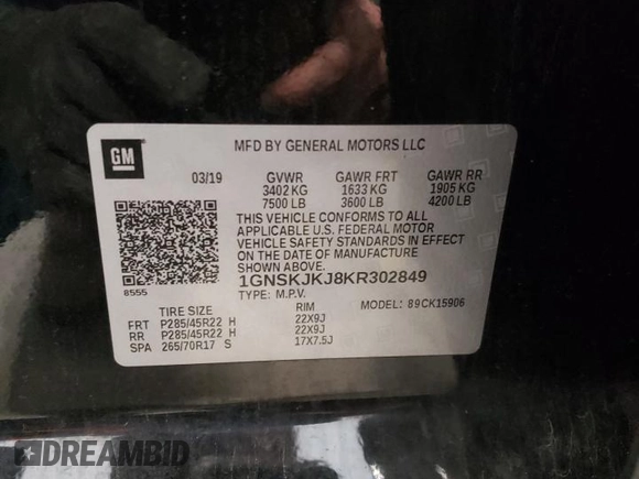 2019 Chevrolet Suburban Premier with VIN 1GNSKJKJ8KR302849, listed as a Copart auction lot 87717275 with 69,498 mi miles and Salvage Title. Bid and sale history available at DreamBid. Image 13.