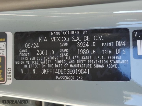 2025 Kia K4 LXS with VIN 3KPFT4DE6SE019841, listed as a Copart auction lot 86073614 with 2,541 mi miles and Salvage Title. Bid and sale history available at carsss.com. Image 13.