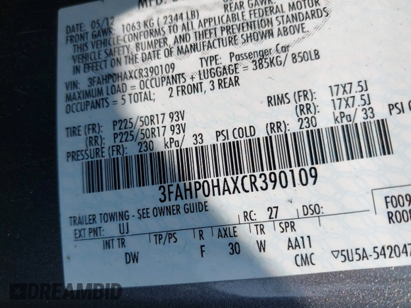 2012 Ford Fusion SE with VIN 3FAHP0HAXCR390109, listed as a IAAI auction lot 42470688 with 105,837 mi miles and . Bid and sale history available at DreamBid. Image 9.