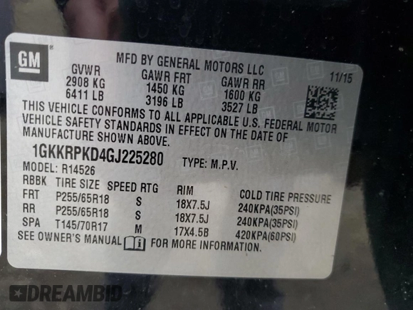 2016 GMC Acadia SLE with VIN 1GKKRPKD4GJ225280, listed as a Copart auction lot 44332045 with 354,511 mi miles and Salvage Title. Bid and sale history available at carsss.com. Image 14.