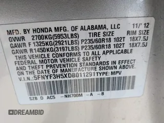 2013 Honda Pilot EX-L with VIN 5FNYF3H5XDB011291, listed as a IAAI auction lot 41266102 with 89,237 mi miles. Bid and sale history available at carsss.com. Image 9.