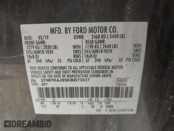 2019 Ford Edge SEL with VIN 2FMPK4J95KBB73037, listed as a IAAI auction lot 41833325 with 72,367 mi miles. Bid and sale history available at carsss.com. Image 9.