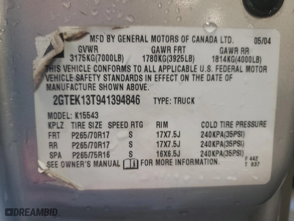 2004 GMC Sierra 1500 Crew Cab SLT with VIN 2GTEK13T941394846, listed as a Copart auction lot 66465954 with NaN miles and Salvage Title. Bid and sale history available at carsss.com. Image 12.