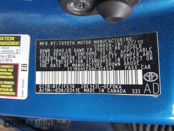 2010 Toyota Corolla with VIN 2T1BU4EE6AC354542, listed as a IAAI auction lot 41844090 with 192,295 mi miles and . Bid and sale history available at DreamBid. Image 9.