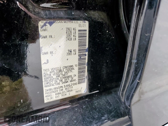 2023 Nissan Altima S with VIN 1N4BL4BV1PN346206, listed as a Copart auction lot 47858215 with 57,973 mi miles and Salvage Title. Bid and sale history available at DreamBid. Image 12.