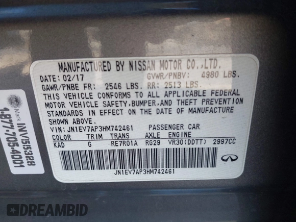 2017 Infiniti Q50 Premium with VIN JN1EV7AP3HM742461, listed as a IAAI auction lot 41307826 with 82,486 mi miles and . Bid and sale history available at DreamBid. Image 9.