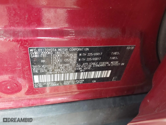 2021 Toyota RAV4 LE with VIN JTMH1RFV7MD067278, listed as a IAAI auction lot 41152477 with 55,094 mi miles. Bid and sale history available at carsss.com. Image 9.