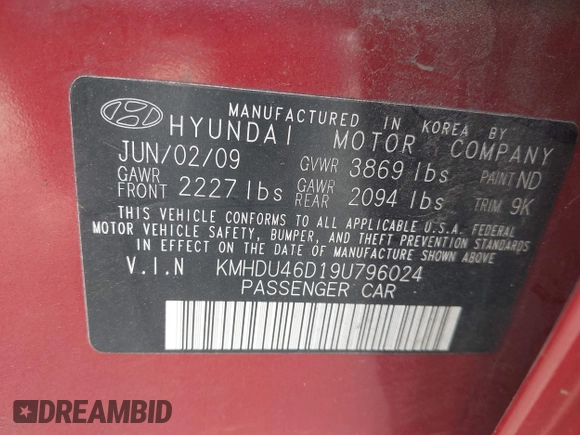 2009 Hyundai Elantra GLS with VIN KMHDU46D19U796024, listed as a IAAI auction lot 42461162 with 138,132 mi miles and . Bid and sale history available at DreamBid. Image 9.