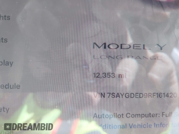 2024 Tesla Model Y with VIN 7SAYGDED9RF161420, listed as a IAAI auction lot 41892788 with 12,353 mi miles and . Bid and sale history available at DreamBid. Image 15.
