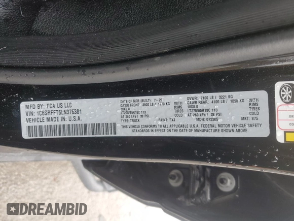 2020 Ram 1500 Big Horn with VIN 1C6SRFFT6LN376381, listed as a Copart auction lot 49869355 with 115,349 mi miles and Salvage Title. Bid and sale history available at carsss.com. Image 14.