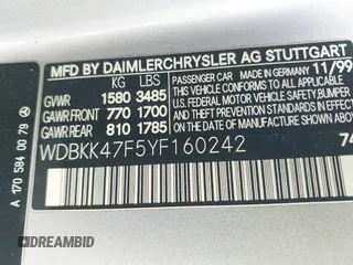 2000 Mercedes-Benz SLK 230 Kompressor with VIN WDBKK47F5YF160242, listed as a IAAI auction lot 42549078 with 81,288 mi miles and . Bid and sale history available at DreamBid. Image 9.