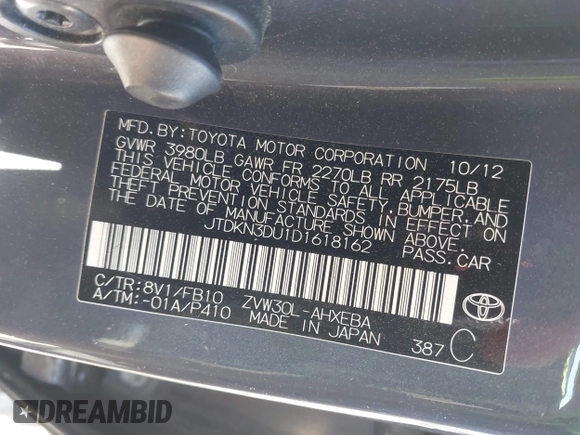 2013 Toyota Prius One with VIN JTDKN3DU1D1618162, listed as a IAAI auction lot 42003928 with 199,477 mi miles. Bid and sale history available at carsss.com. Image 9.