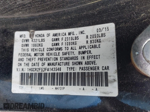 2015 Honda Accord Sport with VIN 1HGCR2F53FA143546, listed as a IAAI auction lot 42210888 with 113,741 mi miles and . Bid and sale history available at DreamBid. Image 9.
