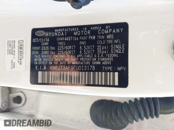 2015 Hyundai Tucson GLS with VIN KM8JT3AF9FU013178, listed as a IAAI auction lot 41846200 with 143,711 mi miles and . Bid and sale history available at DreamBid. Image 9.