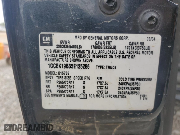 2005 Chevrolet Silverado 1500 Z71 with VIN 1GCEK19B35E125286, listed as a Copart auction lot 52645185 with Not Provided miles and Salvage Title. Bid and sale history available at DreamBid. Image 14.
